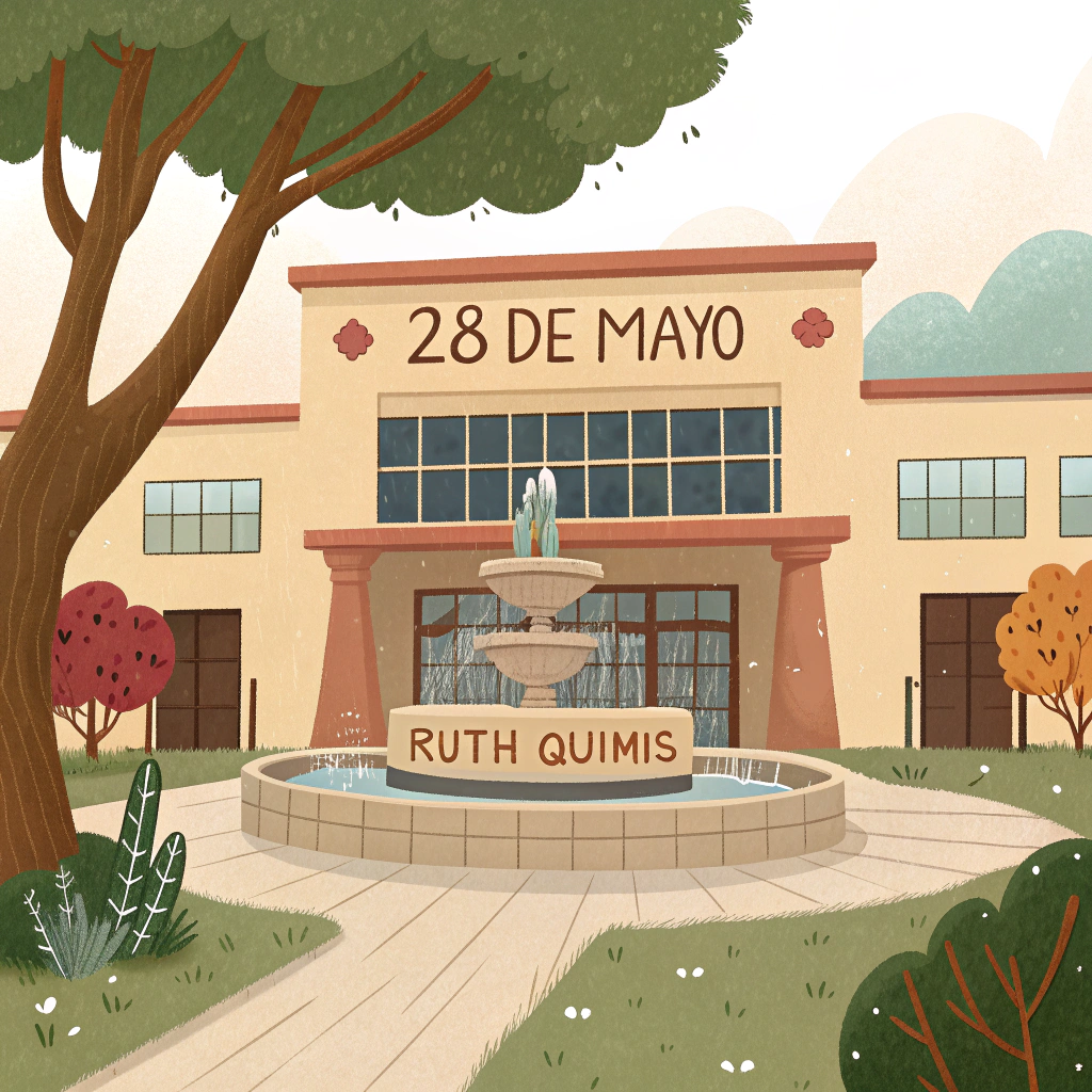 AI generated image by Red Panda AI: Una imagen que esté la parte del frente de mi colegio que tenga el nombre de 28 de mayo con los pececitos el coliseo el árbol grande que está ahí y que tenga mi nombre Ruth Quimis, pero hazlo animado
