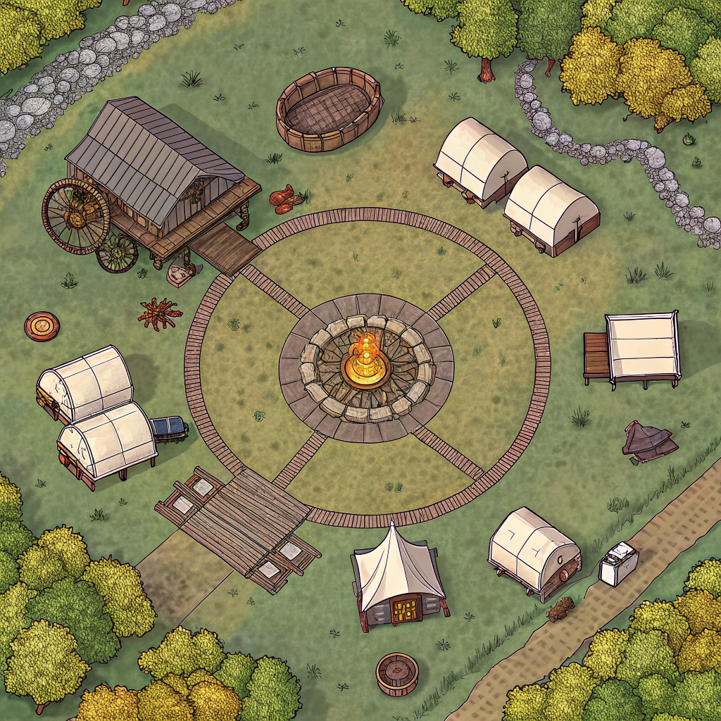 AI generated image by FLUX.1-schnell: TTRPG BATTLEMAP that contains a circle of 9 wagons and makeshift horse pen. There is  a central cooking fire and a number of tents. 