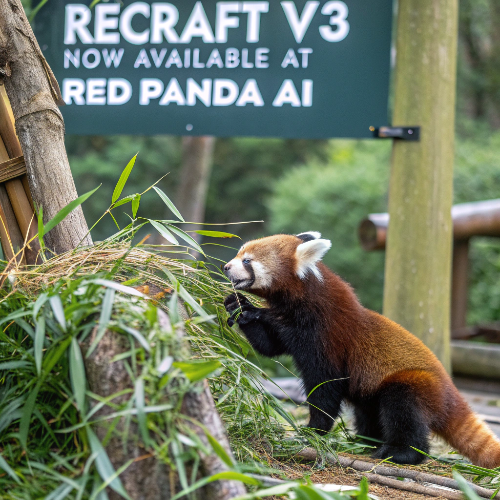 AI generated image by Red Panda AI: a red panda eating a bamboo in front of a poster that says "recraft V3 now available at red panda ai