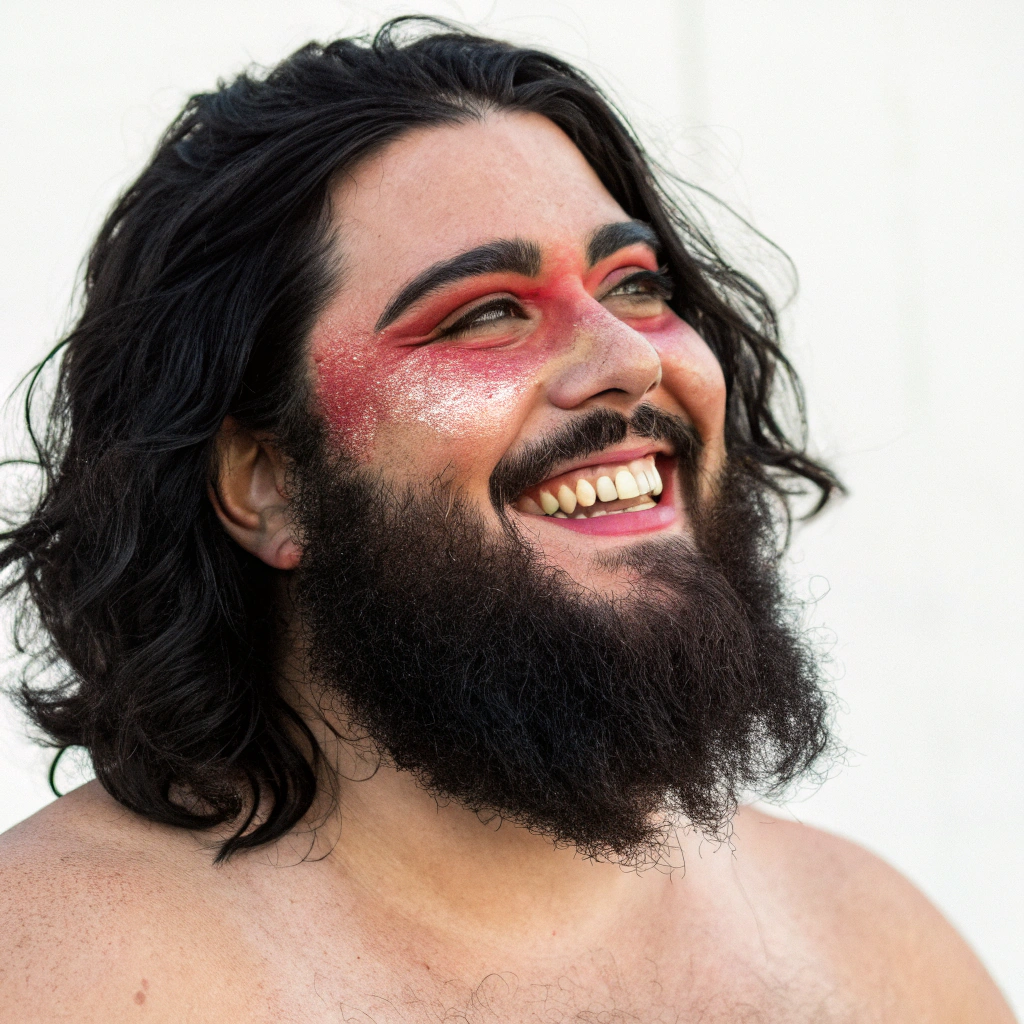 AI generated image by Red Panda AI: Face: Bright, beautiful, majestic, smiling
Hair: Black, slightly wavy, falling to shoulders
Eyes: Black, shiny, long eyelashes
Beard: Thick, black
Skin: Between white and red
Body: Medium height, strong, broad shoulders