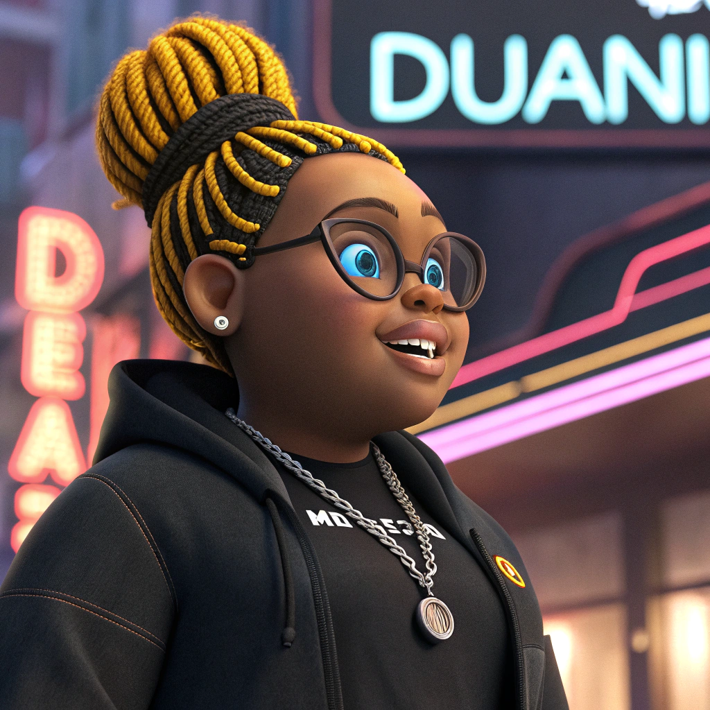 AI generated image by Red Panda AI: Crea un poster de pelicula estilo Disney Pixar divertido y amigable en 4k de un mujer negra, gordita,a perfil de cuerpo completo con pelo trenzado amarillo y negro, gafas negras finas &nbsp;con cristales naranja suave , ojos azules, cadena con una MD de dije, mono deportivo con capucha,(((“DUANI”))) escrito en español. Esta mujer lleva una camiseta negra con el nombre Mercedes y esta animado en 3D, el fondo de la imagen debe ser muy tecnológico estilo neon.&nbsp;