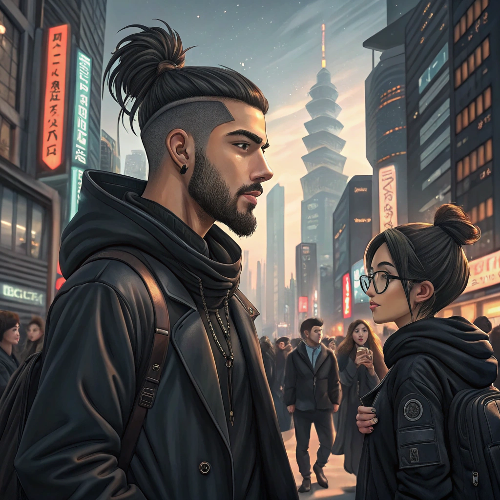 AI generated image by Red Panda AI: a young arabian lean man, with short beard, undercut and samurai's style bun, wearing black modern clothes, with your  in futuristic tokyo, in the midle of a crowd, talking to a girl with circular glasses and black clothes, anime style