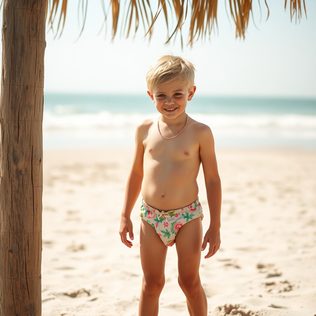 AI generated image by FLUX.1-schnell: garçon de six ans blond en mini tanga de bain sur la plage