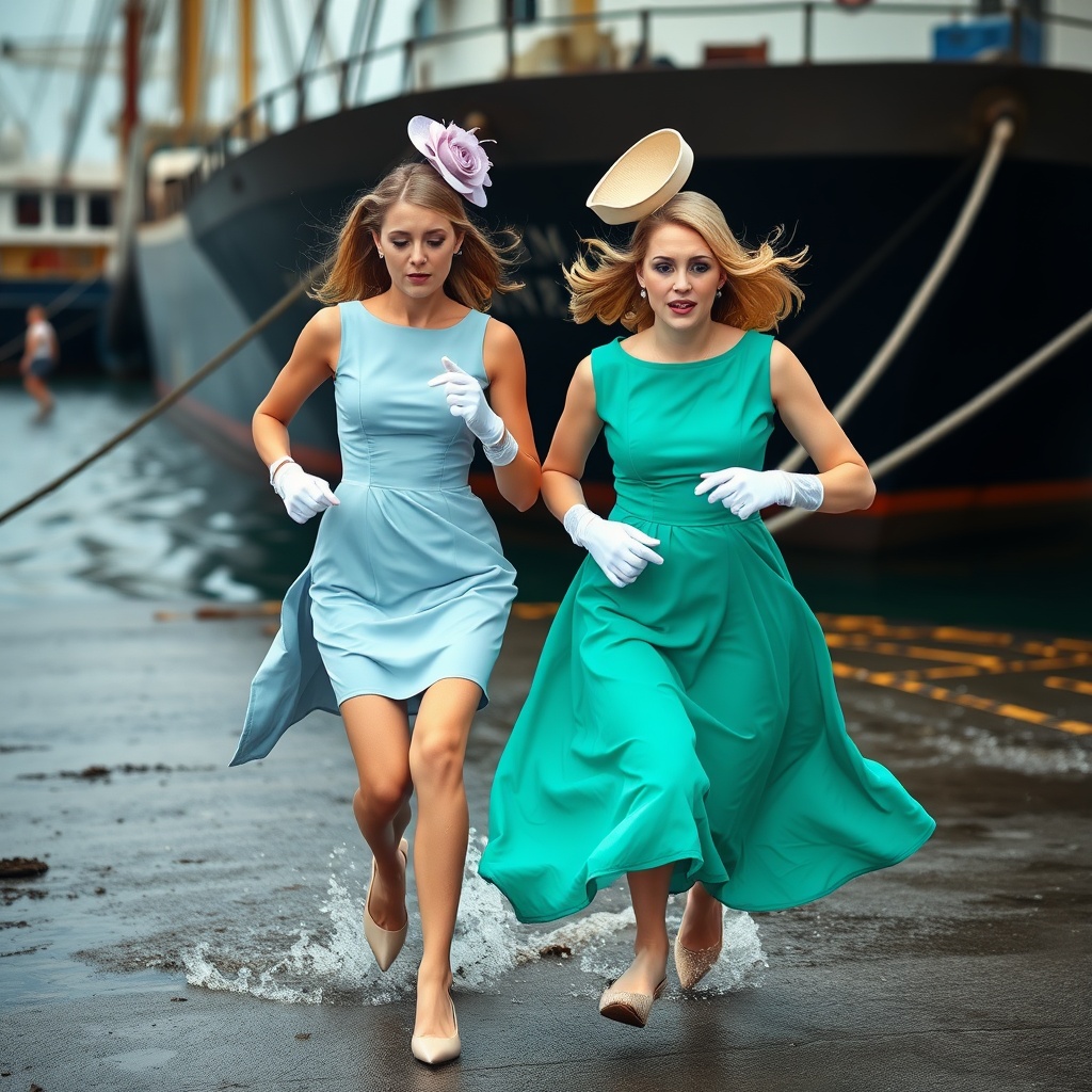 AI generated image by FLUX.1-schnell: Two posh female wedding guests are running sad and scared in a dangerous port wearing coloured posh mini dresses and silky gloves. Descending to the ground, two posh hats are blowing off their heads behind in the background.
