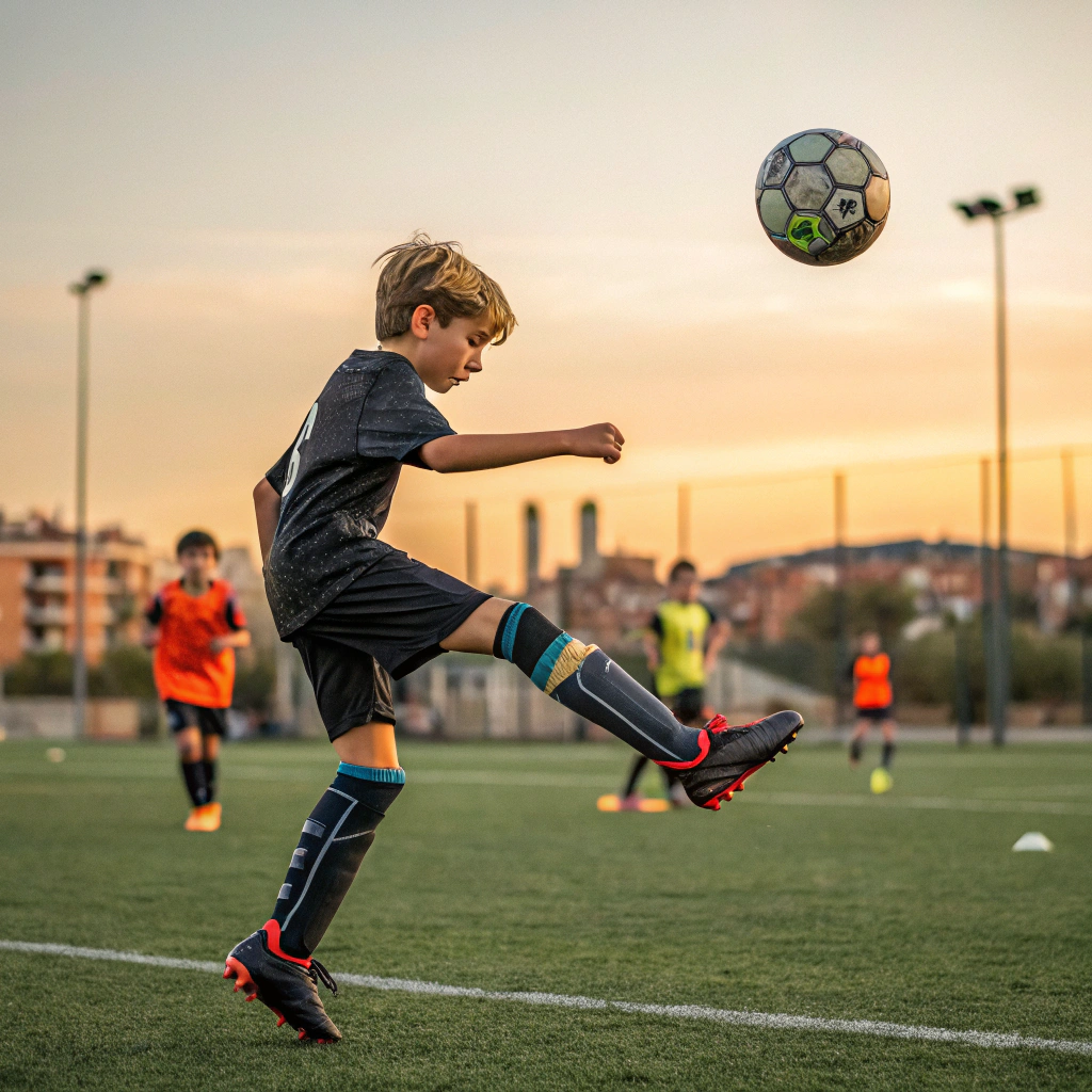 AI generated image by Red Panda AI: a boy playing soccer and wearing carbonfiber shin guards