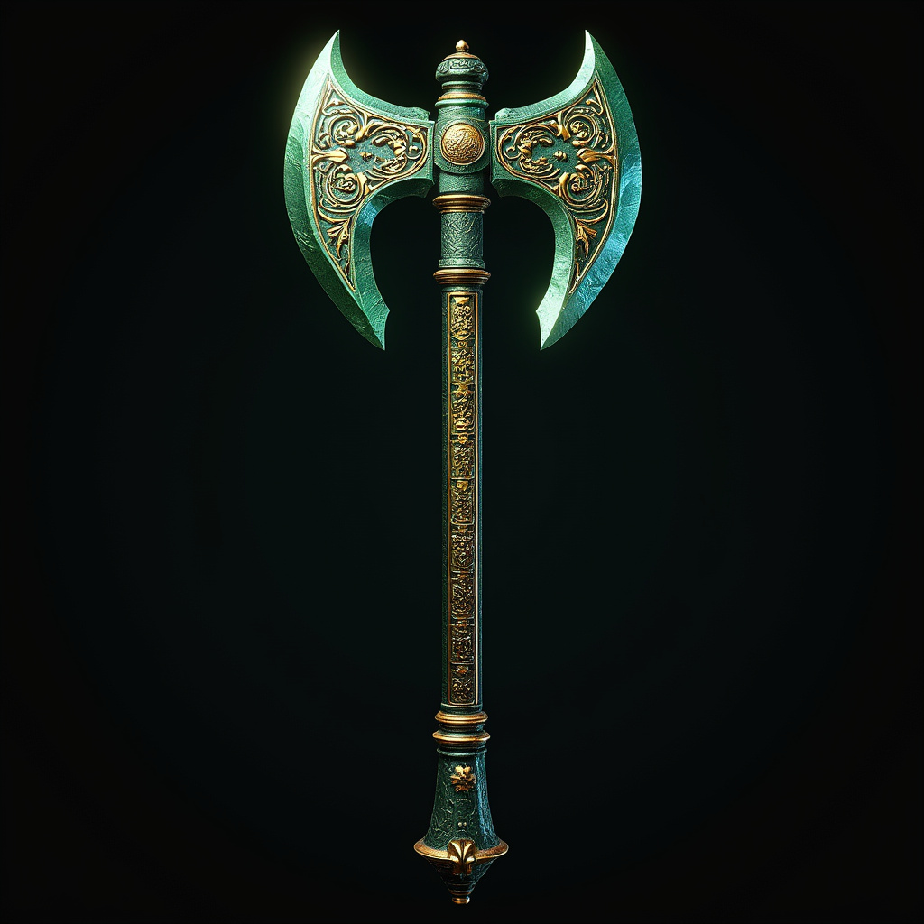 AI generated image by FLUX.1-pro:  A green bronze battle axe with Chinese patterns on the blade, in the style of fantasy art, black background, 3D rendering, high resolution, high quality, high detail, super detailed, hyper-realistic, sharp focus, studio lighting, intricate details, concept art, disney,disney style, ultra-realistic, hyper-detailed, super-resolution, photorealistic, Octane render, 8K. 