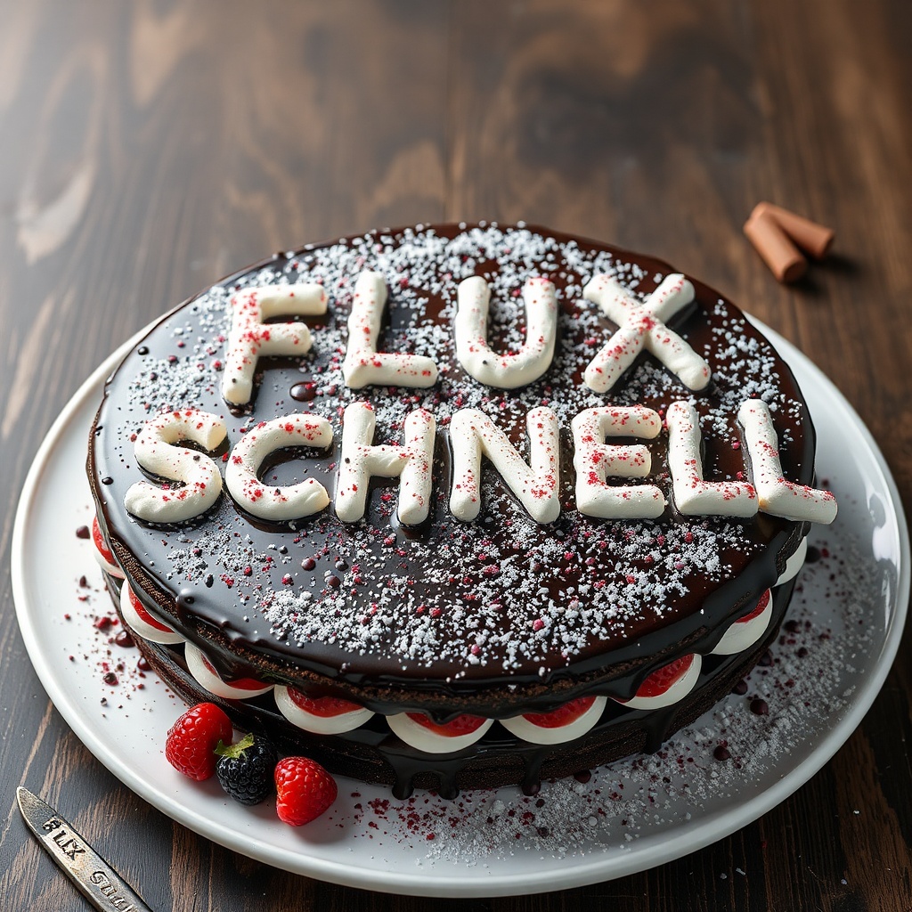 AI generated image by FLUX.1-schnell: black forest gateau cake spelling out the words "FLUX SCHNELL", tasty, food photography, dynamic shot