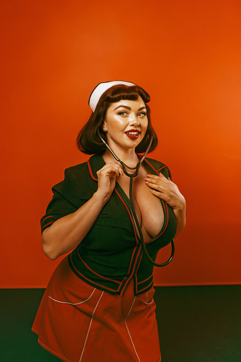 AI generated image by Red Panda AI: A pinup style photo of a beautiful woman in a nurse uniform. She has large cleavage.