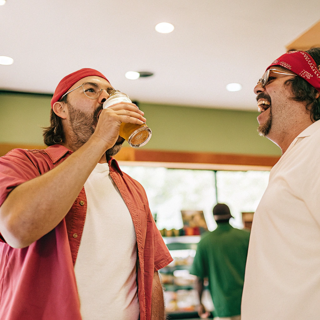 AI generated image by FLUX.1-schnell: GameStop CEO Ryan Cohen drinking a beer called Hedgies tears  celebrating inside GameStop with the roaring kitty aka Keith Gill wearing red bandana around their forehead 