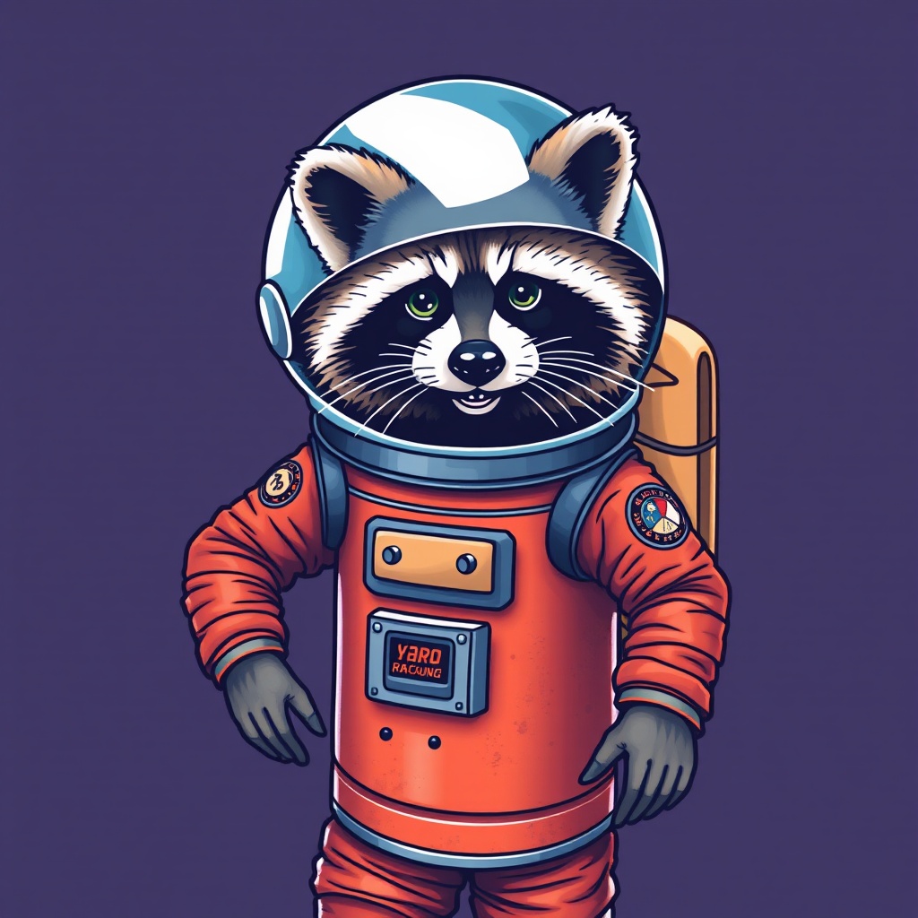 AI generated image by FLUX.1-schnell: Raccoon astronaut, wearing a trashcan as a spacesuit, tattoo style