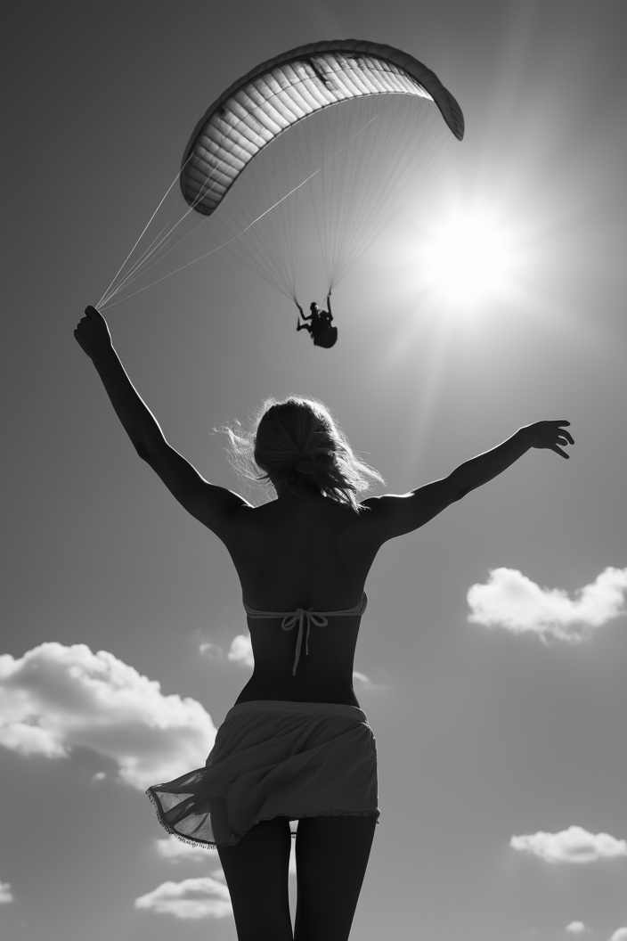 AI generated image by FLUX.1-pro: Black and white photo of naked back woman in short skirt from behind swinging her bra overhead . a paraglider flying above her on background in the Sky. Backlight