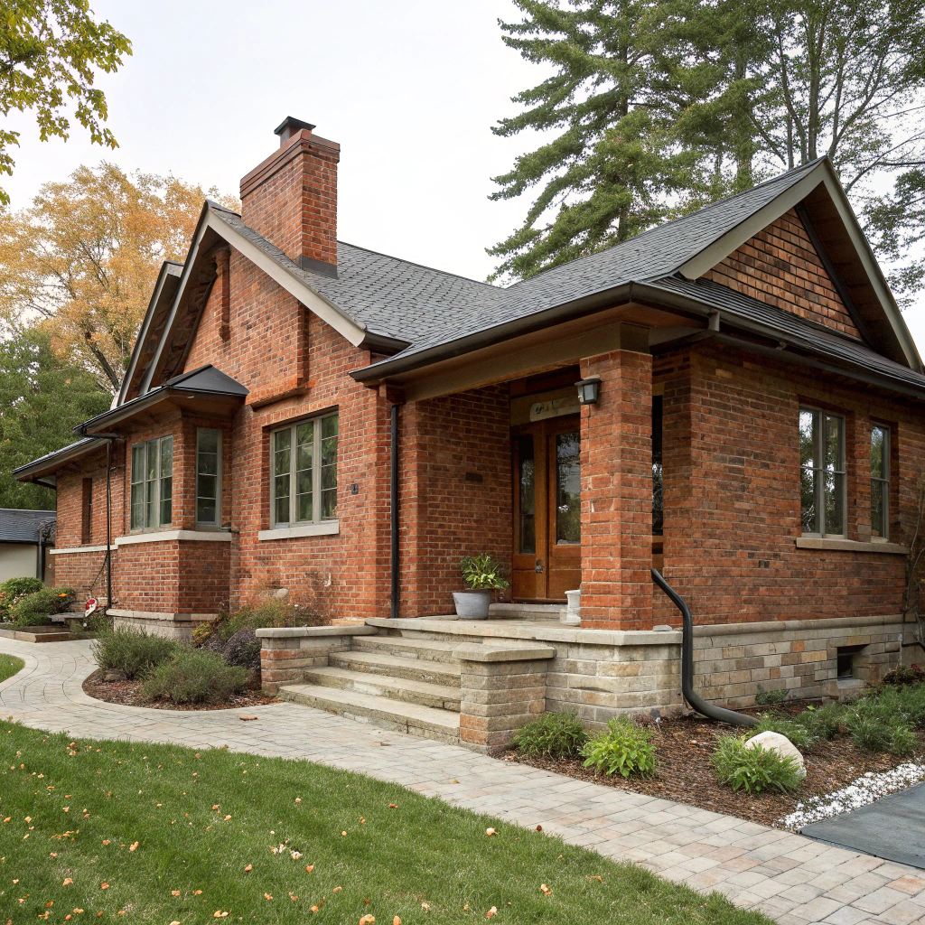 AI generated image by Red Panda AI: A mid-century brick bungalow in rural Ontario features handcrafted Flemish bond brickwork using reclaimed Montreal clay bricks in varying shades of red. Its low-pitched hip roof extends into deep eaves, supported by exposed Douglas fir rafters. Three detailed brick chimneys with corbelled caps rise above slate tiles. The covered front porch, supported by tapered brick columns, leads to a mahogany door. Triple-glazed casement windows with authentic muntins are crowned by soldier course lintels with limestone keystones. The attached garage sits at a 15-degree angle, while English garden-style brick pathways wind through native landscaping. A granite foundation in random ashlar pattern anchors the home to its lakeside setting.