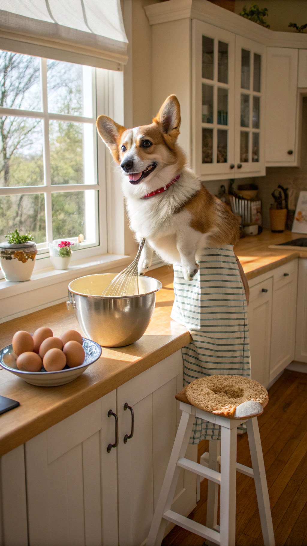 AI generated image by Red Panda AI: anthropomorphic corgi standing on a stool wearing an apron whisking raw eggs in a bowl in an American suburban kitchen counter during the daytime. 