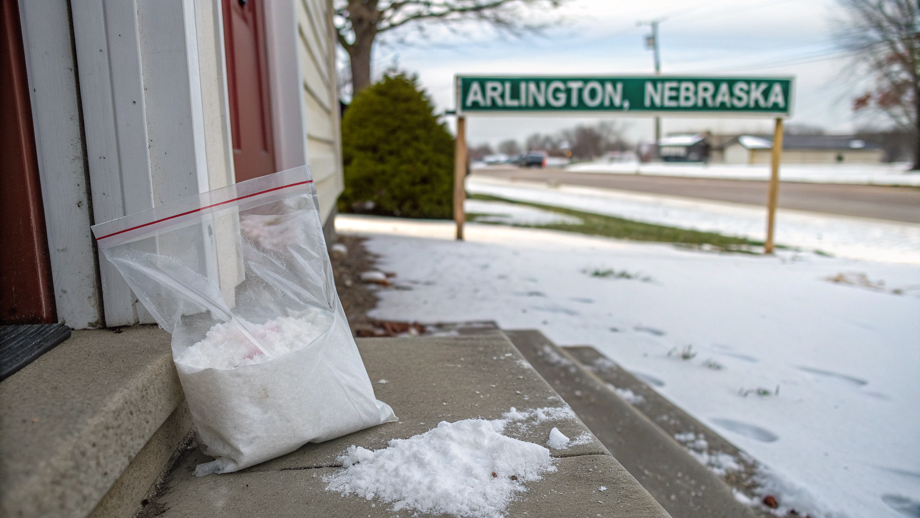 AI generated image by Red Panda AI: clear bag of white powder, the bag is on a doorstep, there is snow on the ground, there is a street sign that says "Arlington, Nebraska"