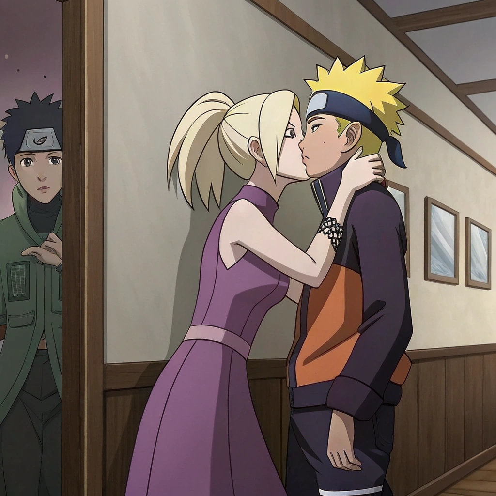 AI generated image by Red Panda AI: A scene from anime where Ino yamanaka wearing a purple dress is passionately kissing naruto against a wall while hinata hyuuga is cooking in the next room