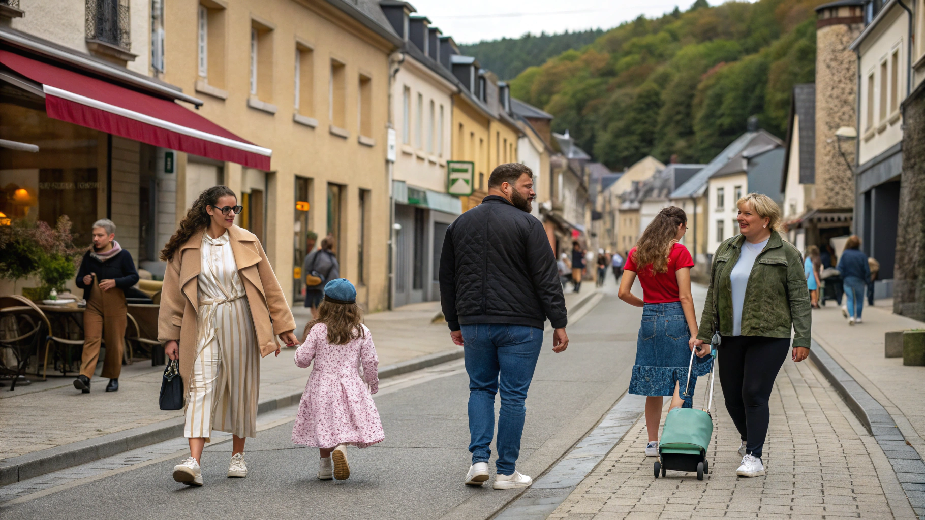 AI generated image by Red Panda AI: peux-tu me générer une photo réaliste qui représente la mode homme, femme et enfants avec un décor style rue de bouillon

