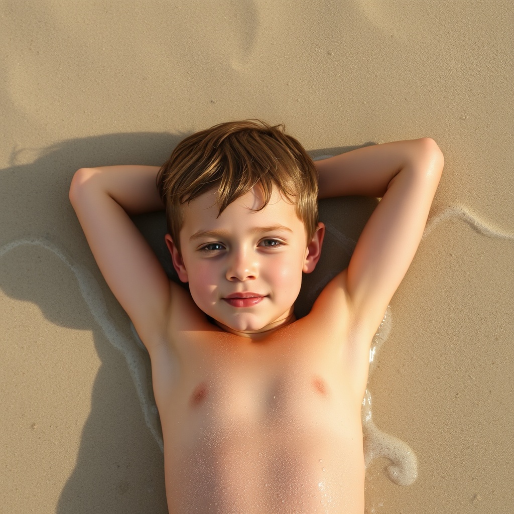 AI generated image by FLUX.1-schnell: 8 year old boy lying on the beach, arms behind his head after bath