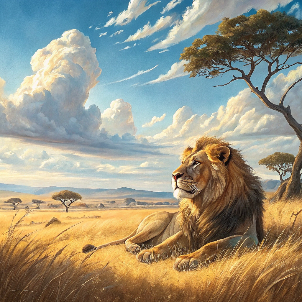 AI generated image by Red Panda AI: Un león majestuoso acostado en medio de la sabana africana, mirando directamente al espectador. El cielo es amplio y azul, lleno de nubes blancas y esponjosas, con una línea del horizonte claramente definida entre el cielo y el suelo. El paisaje está compuesto por hierba dorada, algunos árboles de acacia dispersos y una luz cálida que resalta el pelaje del león. El estilo debe ser realista, como una pintura al óleo detallada o una fotografía artística de alta calidad.