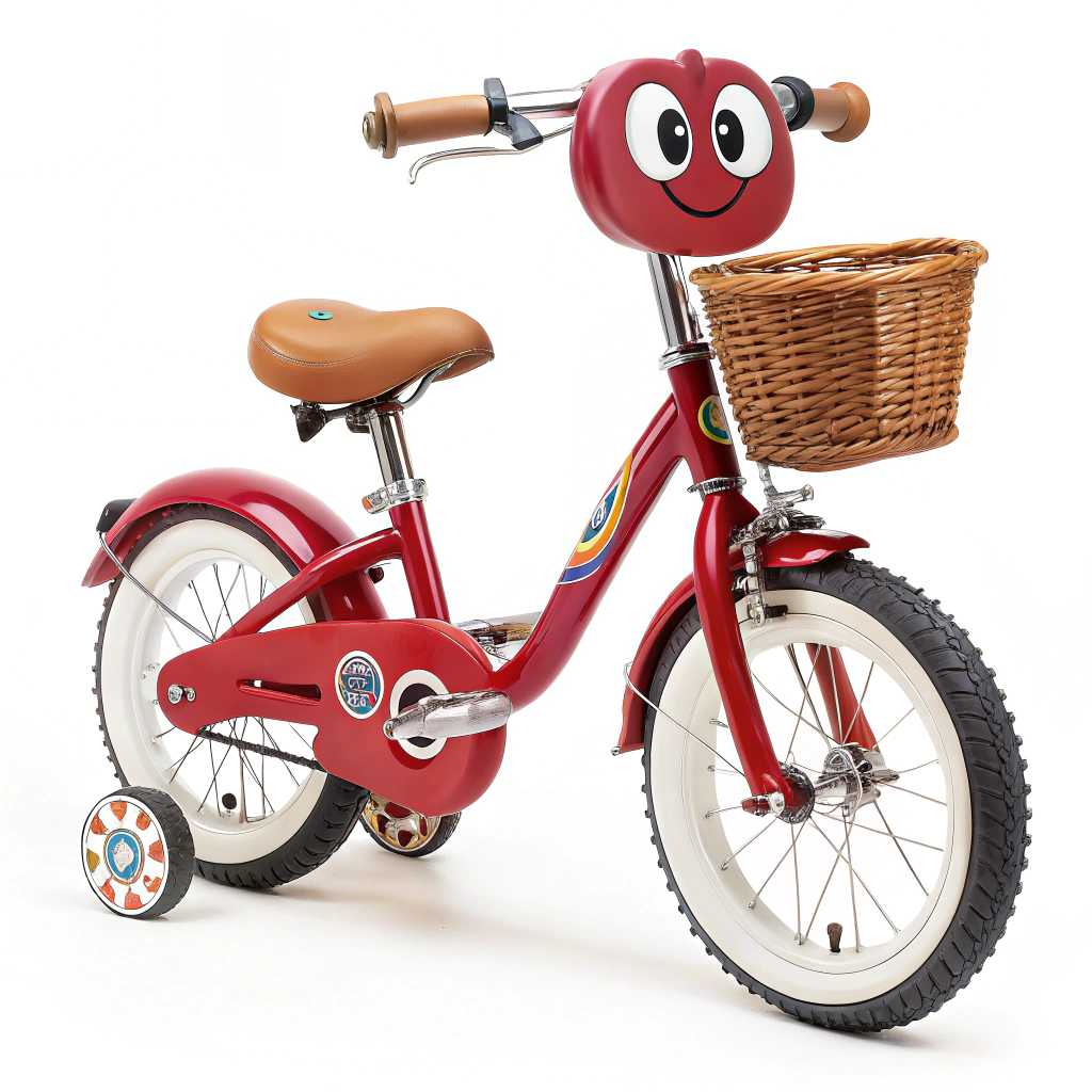 AI generated image by FLUX.1-schnell: Captured against a pure white background, Adventure Buddy Benny the Bicycle brings joy with every wheel spin! This cheerful 6-inch tall collectible is molded in the sweetest candy-apple red with pearl shimmer finish that catches light like morning dew. Benny's personality shines through their expressive face - two large headlights serve as eyes, complete with star-shaped reflections and friendly painted eyelashes, while their handlebar forms an encouraging smile decorated with a tiny bell that really rings!
Instead of traditional chrome, Benny's accents are finished in rainbow pearl that creates magical color shifts as they move. Their seat is covered in what looks like soft leather in caramel brown, decorated with tiny embossed hearts. The wheels, made from special soft-touch material, spin smoothly and feature translucent star patterns that catch the light. A cute basket at the front holds their best friend - a removable plush puppy named Spoke who loves going on adventures!