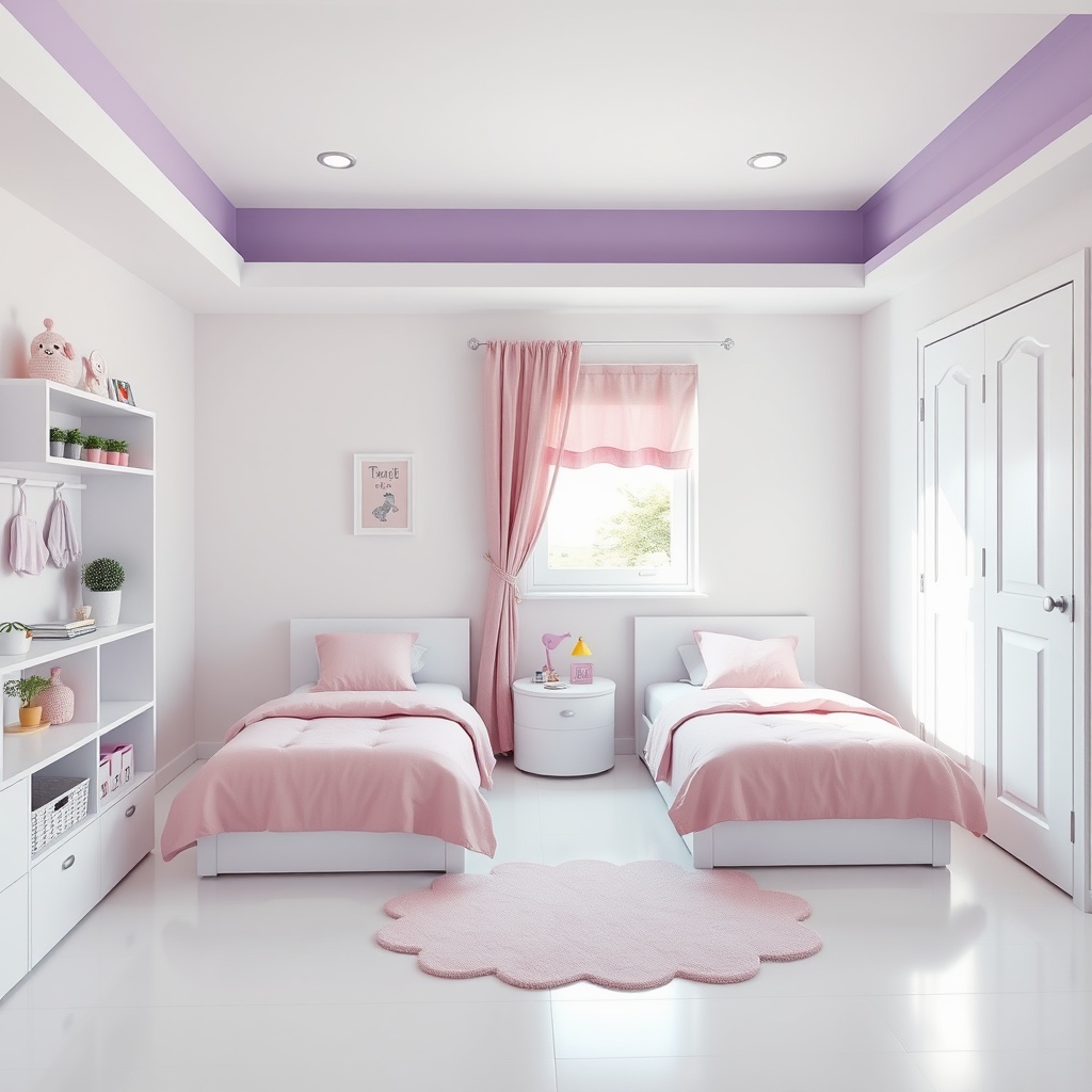 AI generated image by FLUX.1-schnell: cameretta bambini moderna minimalista con due letti minimalisti, colori rosa, lilla e viola, pavimento chiaro, pareti bianche, soffitto viola, porta finetra bianca con tende rosa, completa di accessori e complementi arredo. Immagine ultra realistica 8k, Foto angolare