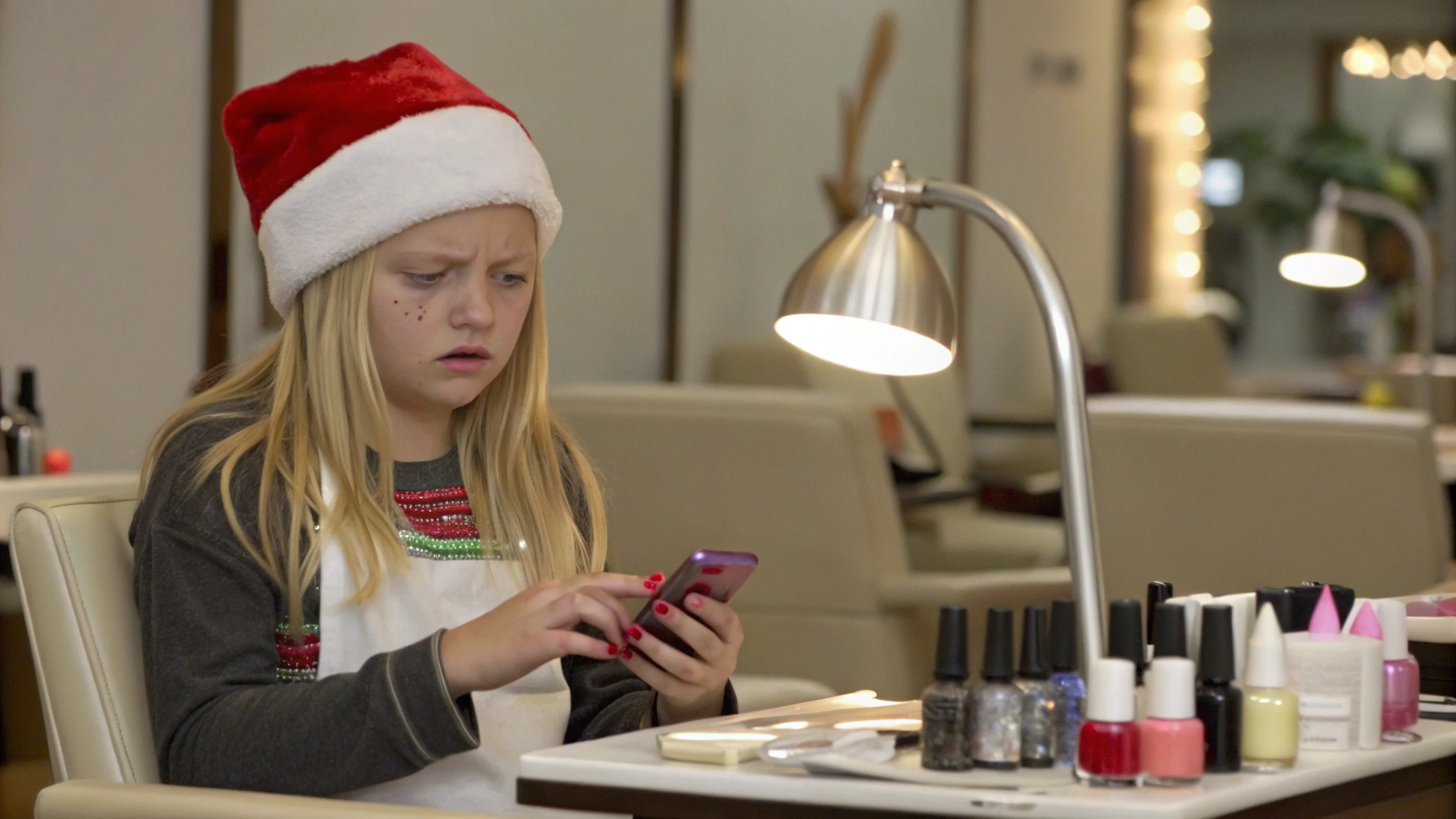AI generated image by Red Panda AI: A blonde girl with light eyes wearing a Santa Claus hat, in a nail salon with brushes and nail polish on the table with two lamps on either side, sweating because she is short of time, holding a phone in one hand making appointments and a nail polish in the other.