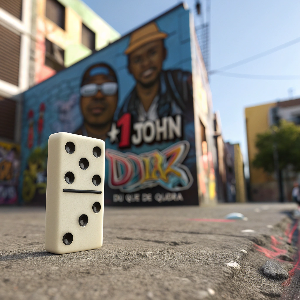 AI generated image by Red Panda AI: Crie uma imagem de uma peça de dominó fundo desfocado com elementos do hip hop music, arte em grafite com texto "+1John" e "Duque de Quadra" na parede