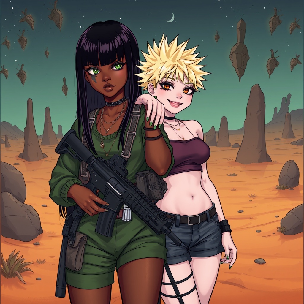 AI generated image by FLUX.1-schnell: Create an image of two girls: the first girl has dark skin, a serious expression, long straight black hair, and is dressed in green hip-hop clothing. She is holding an assault rifle and a belt of ammunition. The second girl is white, smiling, with short blonde spiky hair, dressed in goth attire, and wearing heavy mascara. The blonde girl is resting her arm on the first girl's shoulder. Both are wearing shorts. In the background, depict a fantasy desert with floating rocks at night, all in a Western comic book style.