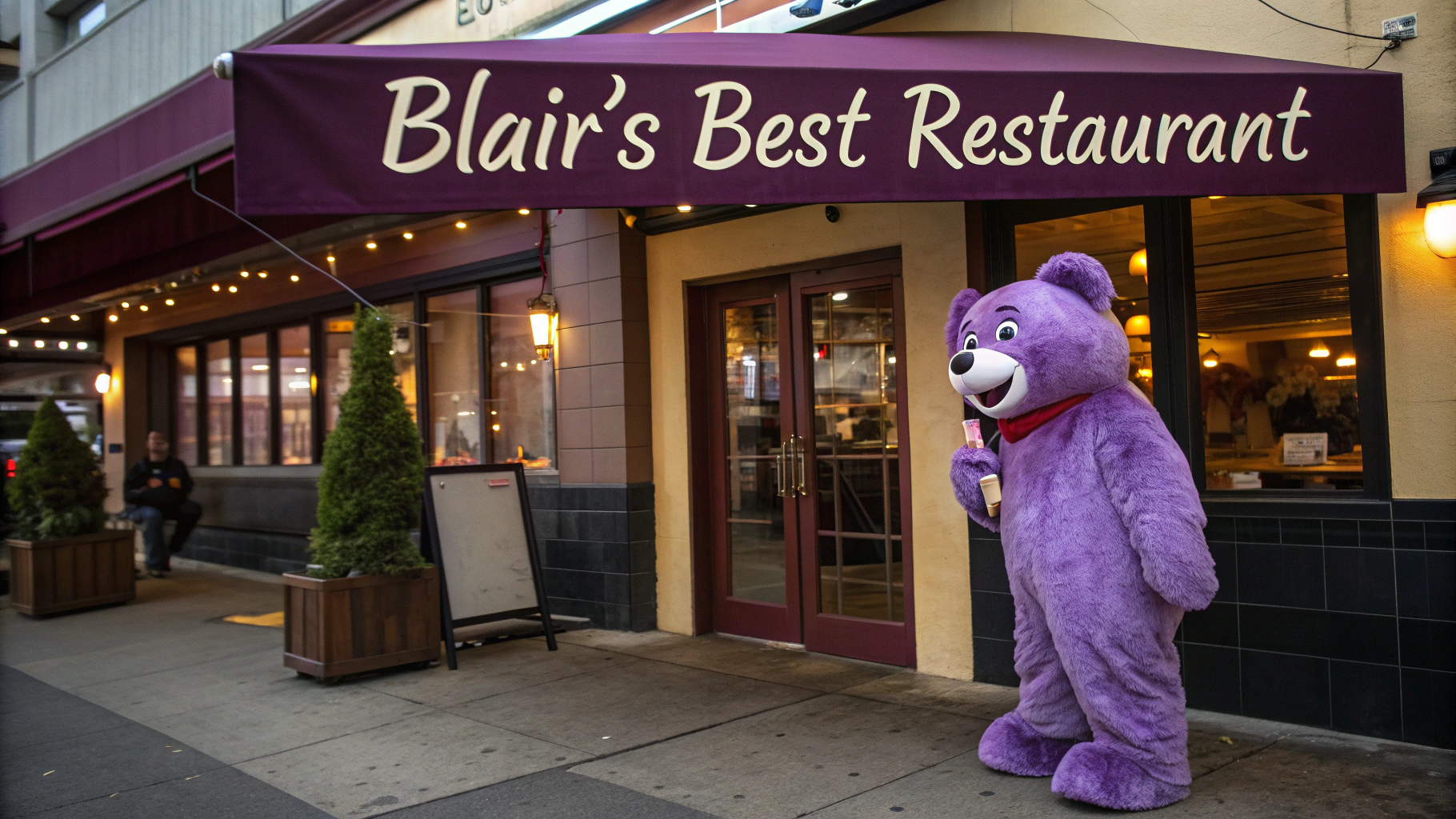 AI generated image by Red Panda AI: Purple bear owns local cafe type restaurant.  There is a sign that says, "Blair's Best Restaurant".  The purple bear is outside the restaurant under the restaurant sign.