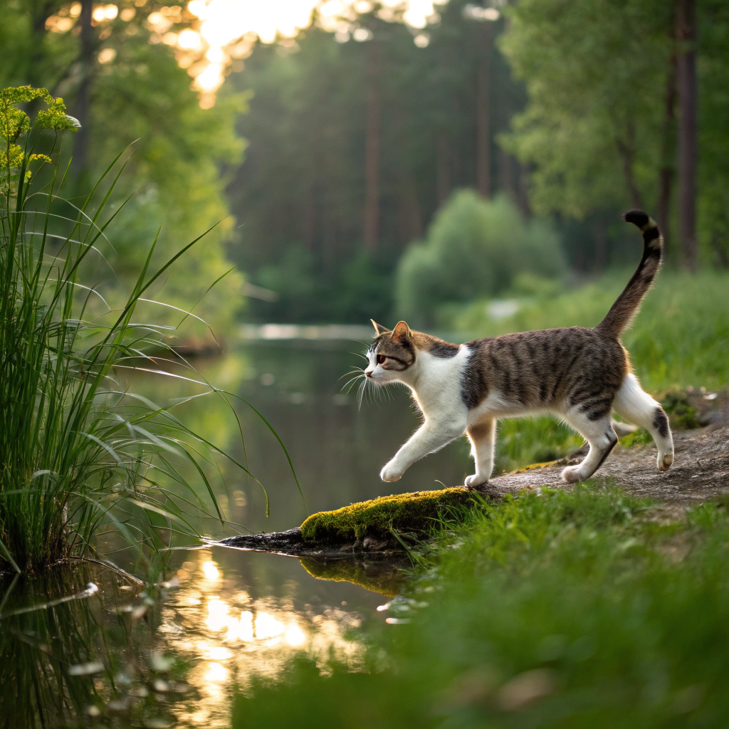 AI generated image by Red Panda AI: a cat with a moustache mark on her face walking near a creek