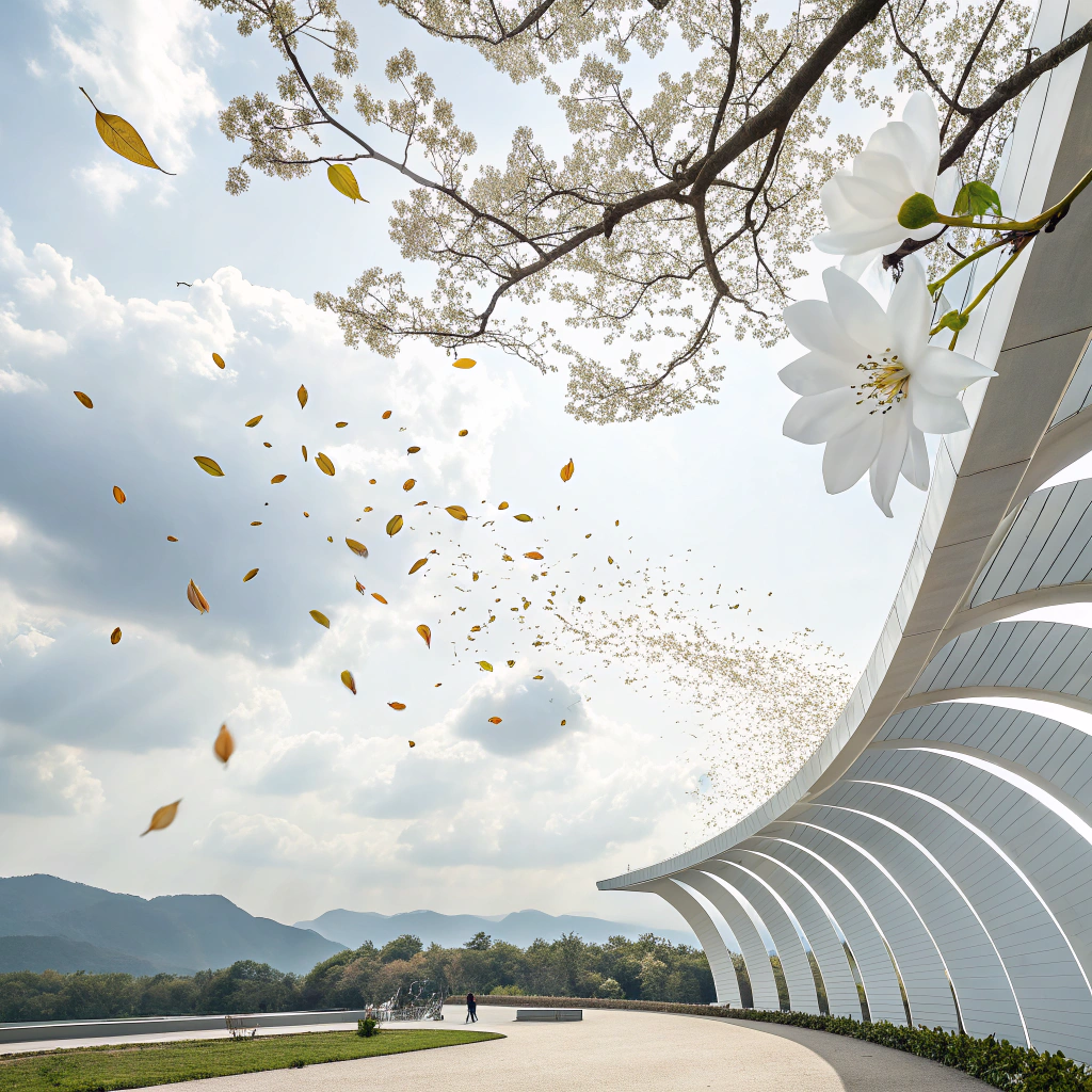 AI generated image by Red Panda AI: Air - "The breeze"
Description: A moment of calm where air currents interact with leaves, particles and floating technology.
Resources: Curved lines, smooth movements, suspended elements such as gears or petals.
Palette: Pure white, light gray, sky blue and a slight gold to highlight details.