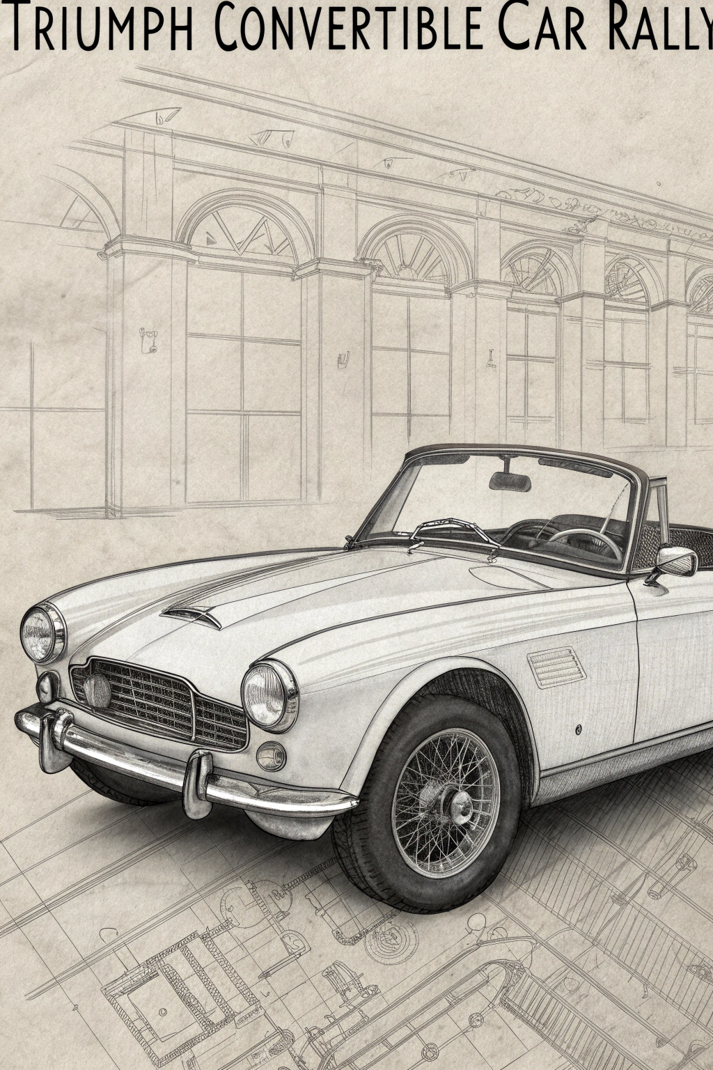 AI generated image by Red Panda AI: Vintage-inspired flyer for a Triumph convertible car rally, in a monochrome pencil sketch style. Focus on a front-angle view of the car with a technical, blueprint layout, and an old-fashioned blueprint paper background. Detailed linework with cross-hatching, label key details of the car, and include subtle, retro typography for the event details.