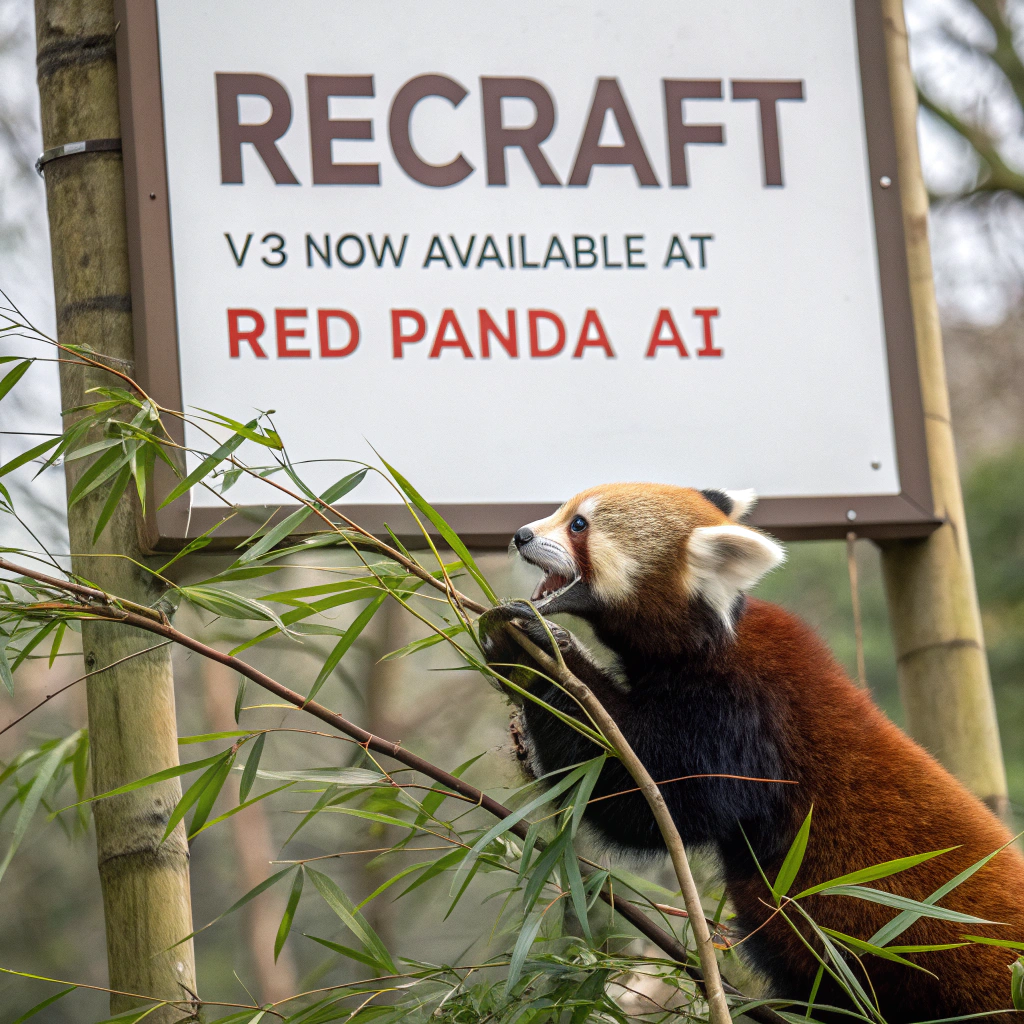 AI generated image by Red Panda AI: a red panda eating a bamboo in front of a poster that says "recraft V3 now available at red panda ai