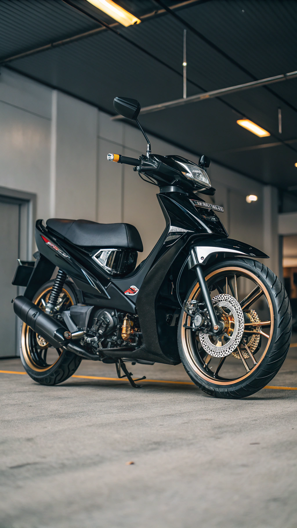 AI generated image by Red Panda AI: quiero una moto honda biz 125 coloe negro que este baja de alenate y de atras 