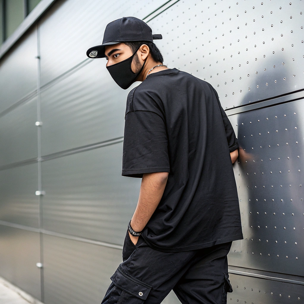 AI generated image by Red Panda AI: A indian male model wearing a blank black drop shoulder tshirt, black cargo pants, cap, black mask, accessories posing in a mysterious way, the background is of a metallic wall, Focus on the back of the tshirt