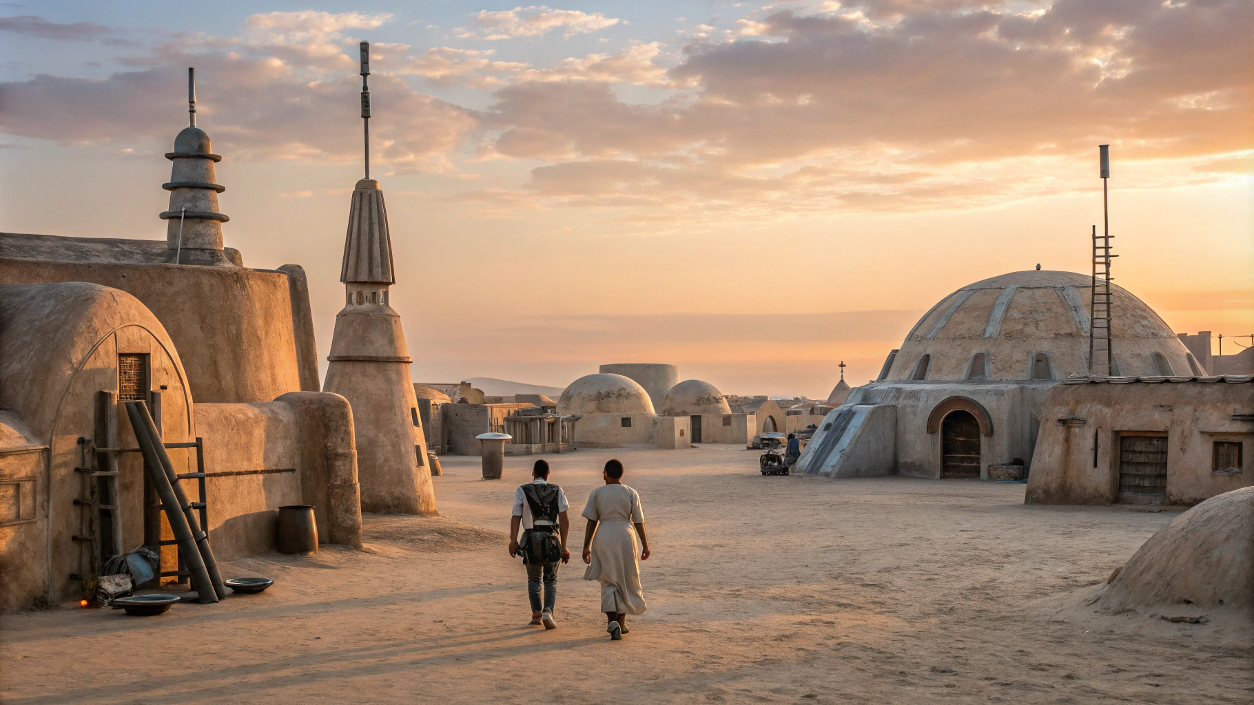 AI generated image by Red Panda AI: Star Wars cinematic style, Mos Eisley Spaceport, dawn, desert large city of stucco rounded adobe style buildings, only ten extraterrestrial aliens and robot droids walking towards the camera