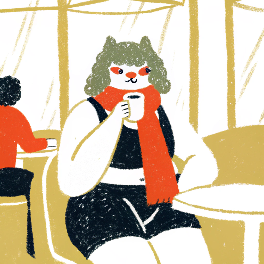 AI generated image by FLUX.1-schnell: A female anthropomorphic furry cat, green fur, green hair, red eyes, orange scarf, black sleeveless crop top, black shorts, drinking coffee in a café, furry art
