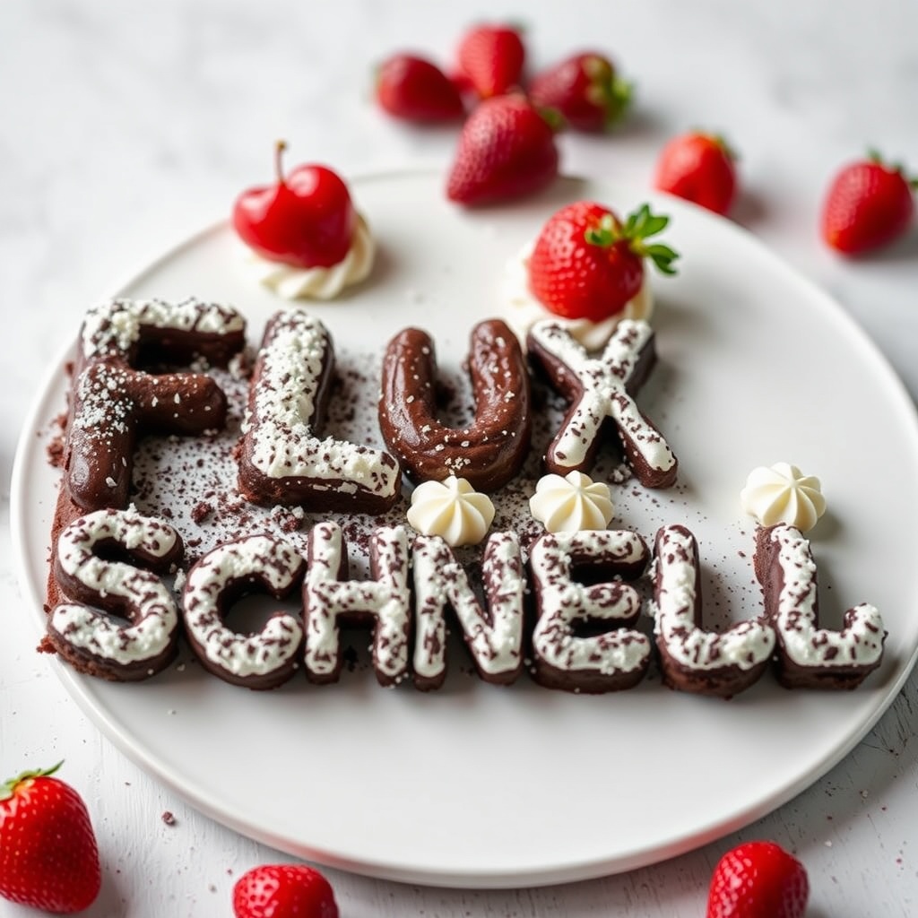 AI generated image by FLUX.1-schnell: black forest gateau cake spelling out the words "FLUX SCHNELL", tasty, food photography, dynamic shot