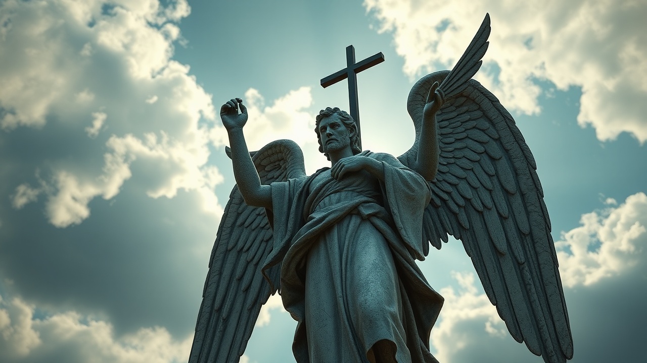 AI generated image by FLUX.1-schnell: a picture of a statue of an angel with a star in the sky, youtube thumbnail, 8 k matte painting, angel of death, thumbnail, shadow of the cross, 8k matte painting, atheism god, dark souls style, ad image, adeptus astartes, image