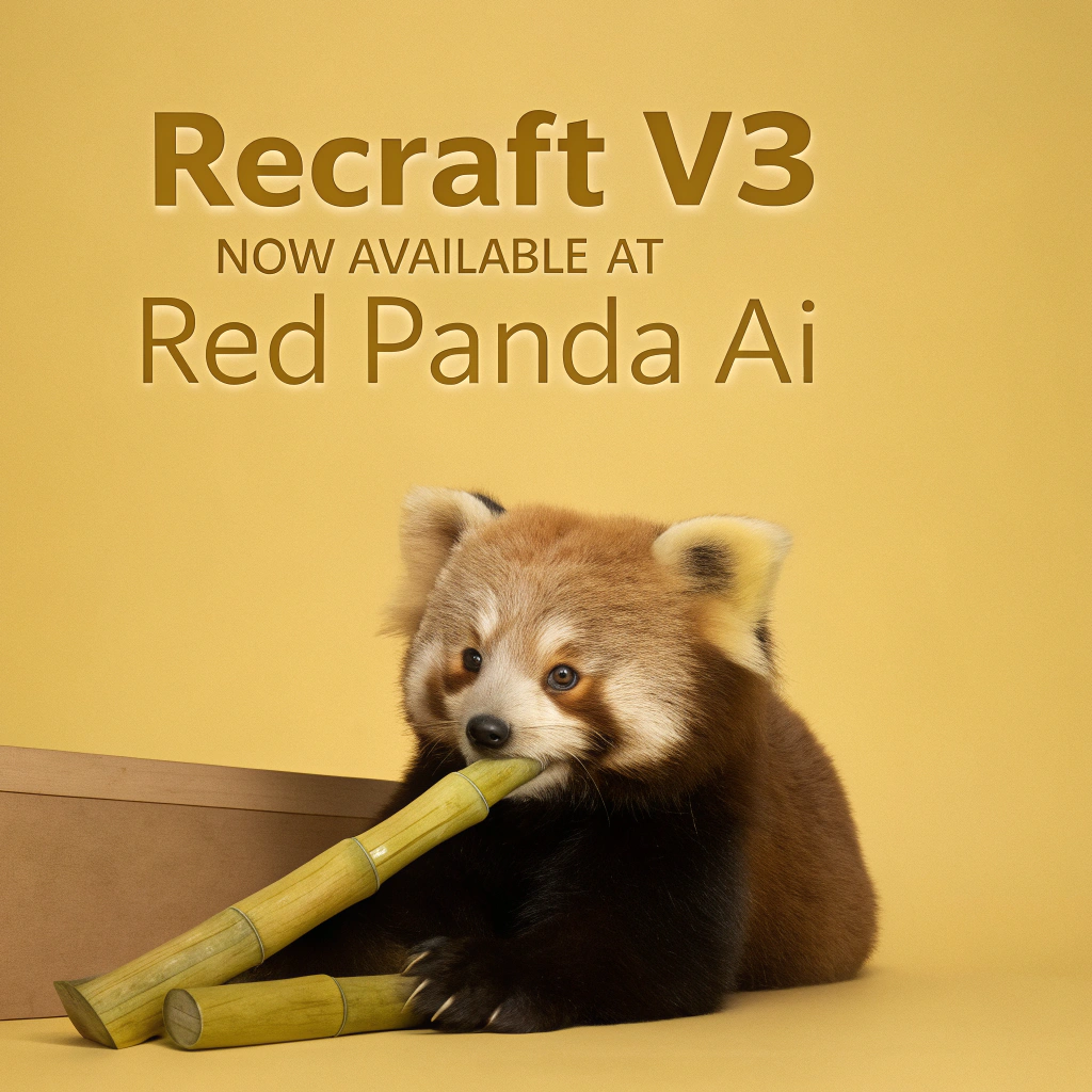 AI generated image by Red Panda AI: a red panda eating a bamboo in front of a poster that says "recraft V3 now available at red panda ai