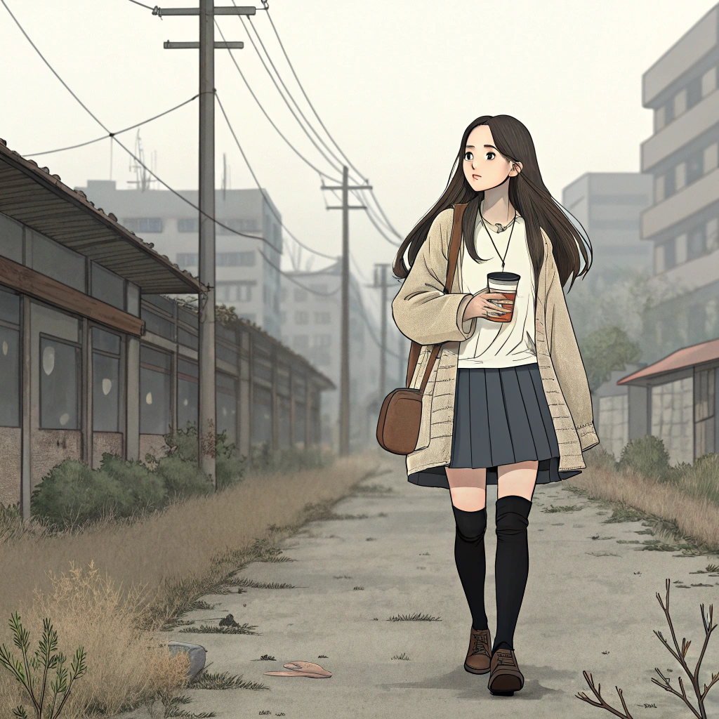 AI generated image by Red Panda AI: A detailed japan animation style illustration of a pretty girl character named Min Ga-eul with long straight hair, wearing a beige long cardigan, a loose white V-neck T-shirt, a pleated mini skirt, black long boots, and black over-the-knee socks. She is holding a cup of coffee and walking through a dystopian Korean campus