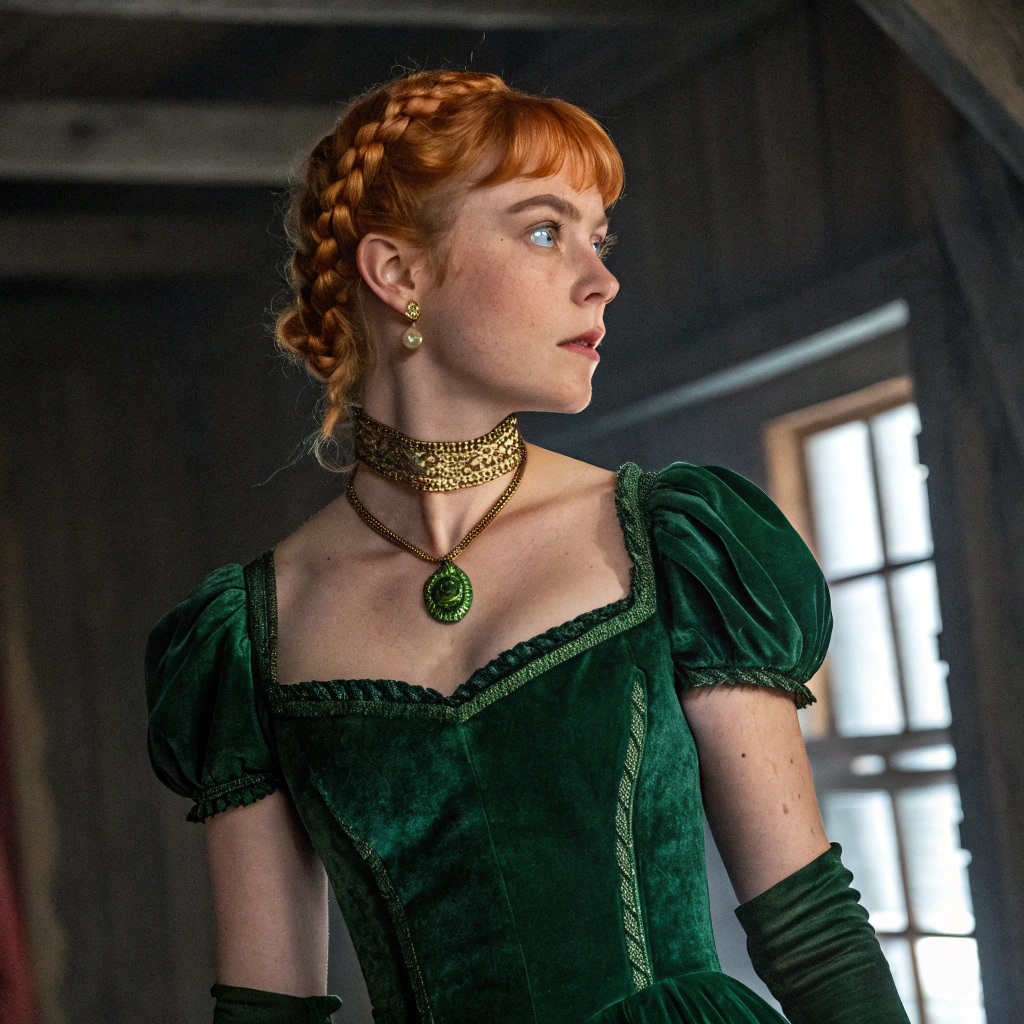 AI generated image by Red Panda AI: {{kaoming,hito komoru,voruvoru,soleil (soleilmtfbwy03)}},guchico,yazawa oke,cowboy shot,1girl, solo, orange hair,short hair,braid,blue eyes, skinny,green velvet dress, sweetheart neckline, puff sleeves, fingerless lace gloves, gold choker, emerald brooch,sweat,looking at viewer,indoors, day, dark room