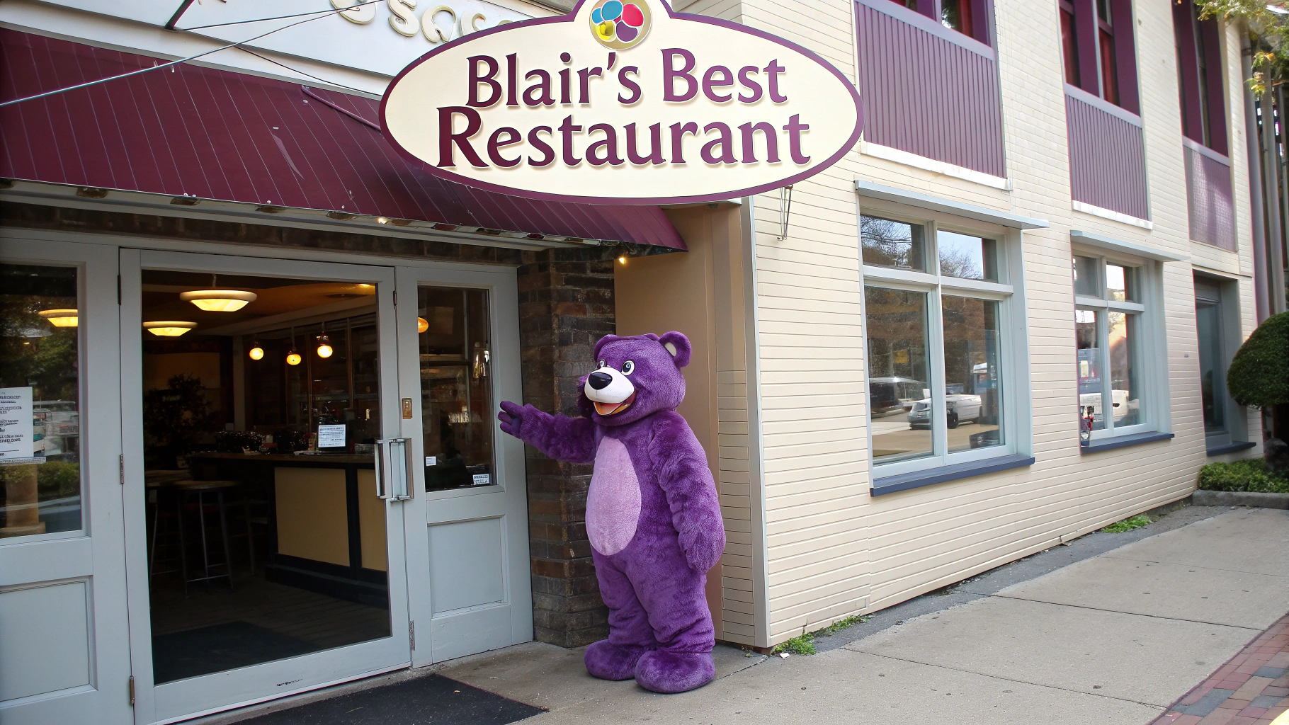 AI generated image by Red Panda AI: Purple bear owns local cafe type restaurant.  There is a sign that says, "Blair's Best Restaurant".  The purple bear is outside the restaurant under the restaurant sign.