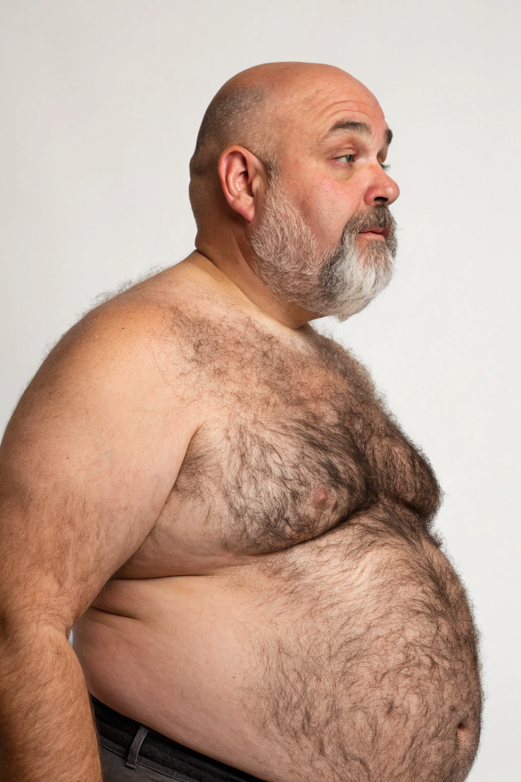 AI generated image by Red Panda AI: a studio photo of a slightly overweight 50 year old hirsute man. Man has heavy amount of body hair, hairy chest pattern, expanding his bloated heavy bearded-belly, bald head, white goatee