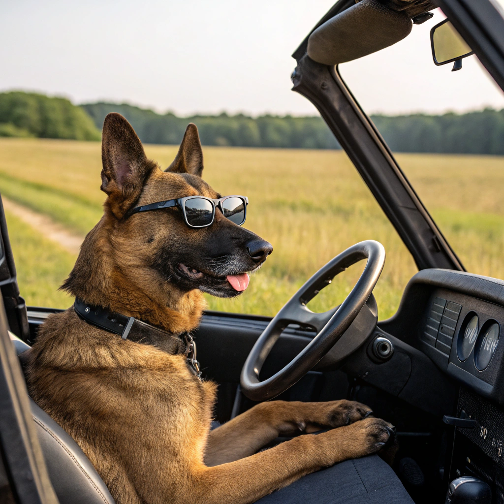 AI generated image by Red Panda AI: Un perro, pastor alemán, conduciendo un coche todoterreno con gafas de sol. 