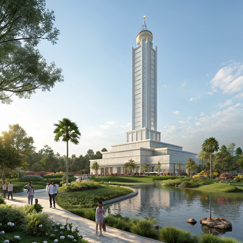AI generated image by Red Panda AI: Create a futuristic, 30-story building twice the normal size. It should have a spiritual theme, without using symbols, statues, idols, or religious imagery. The environment should convey happiness, with natural resources and technology seamlessly integrated to enhance the sense of peace and joy. The building should be in a setting that represents tranquility and harmony, with people of diverse backgrounds happily enjoying the surrounding area and the building itself. Avoid any planets, moons, suns, stars, or celestial bodies in the sky or horizon. Focus on creating an uplifting, peaceful atmosphere