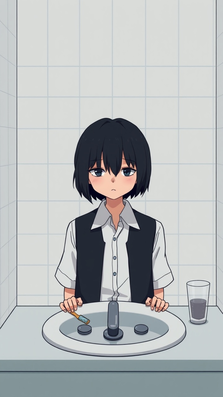 AI generated image by FLUX.1-schnell: Omocat's omori game artstyle, The image depicts a young person standing behind a bathroom sink, their expression somber. Their dark hair is neatly styled, and they are dressed in a white shirt with a dark vest. The tiled walls behind them are plain and featureless, creating a sense of isolation. The only other elements in the scene are a toothbrush and a glass on the counter, suggesting a routine that the individual may find difficult to engage in. The overall mood of the image is melancholic, hinting at a sense of loneliness or sadness. The subdued colors and minimalist composition further contribute to the somber atmosphere.  The image leaves room for interpretation, inviting viewers to consider the inner thoughts and feelings of the subject.