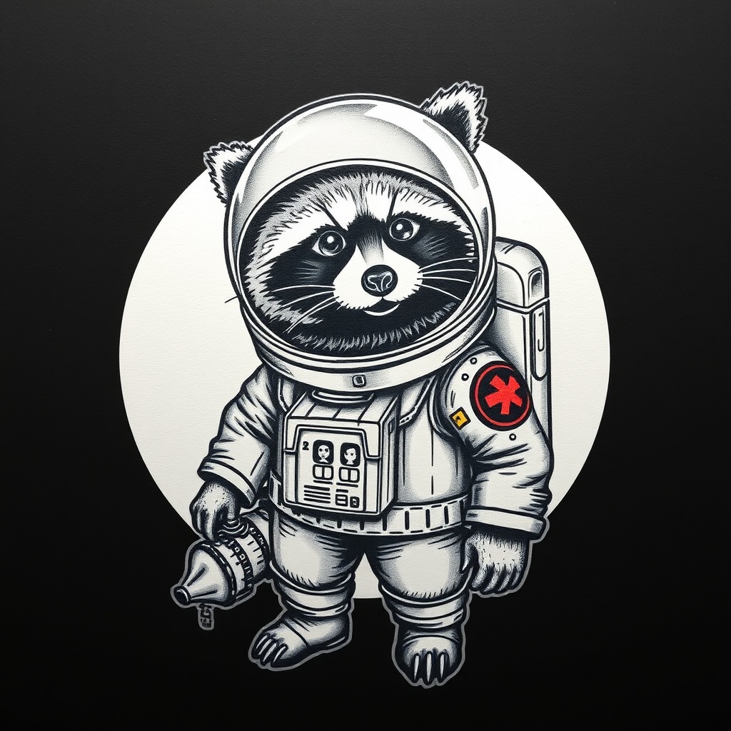 AI generated image by FLUX.1-schnell: Raccoon astronaut, wearing a trashcan as a spacesuit, tattoo style
