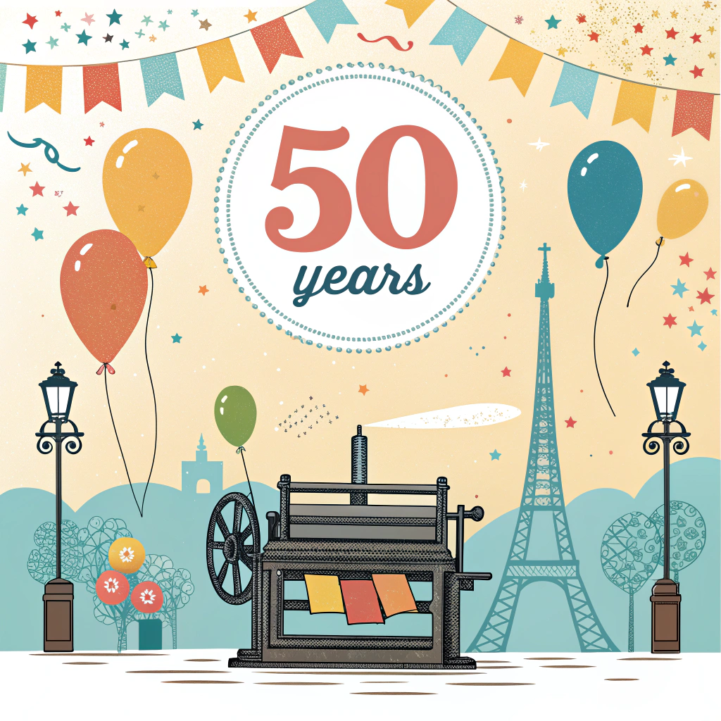 AI generated image by Red Panda AI: Create an illustration to celebrate the 50th anniversary of a printing company. Style should be fun and friendly, so french
