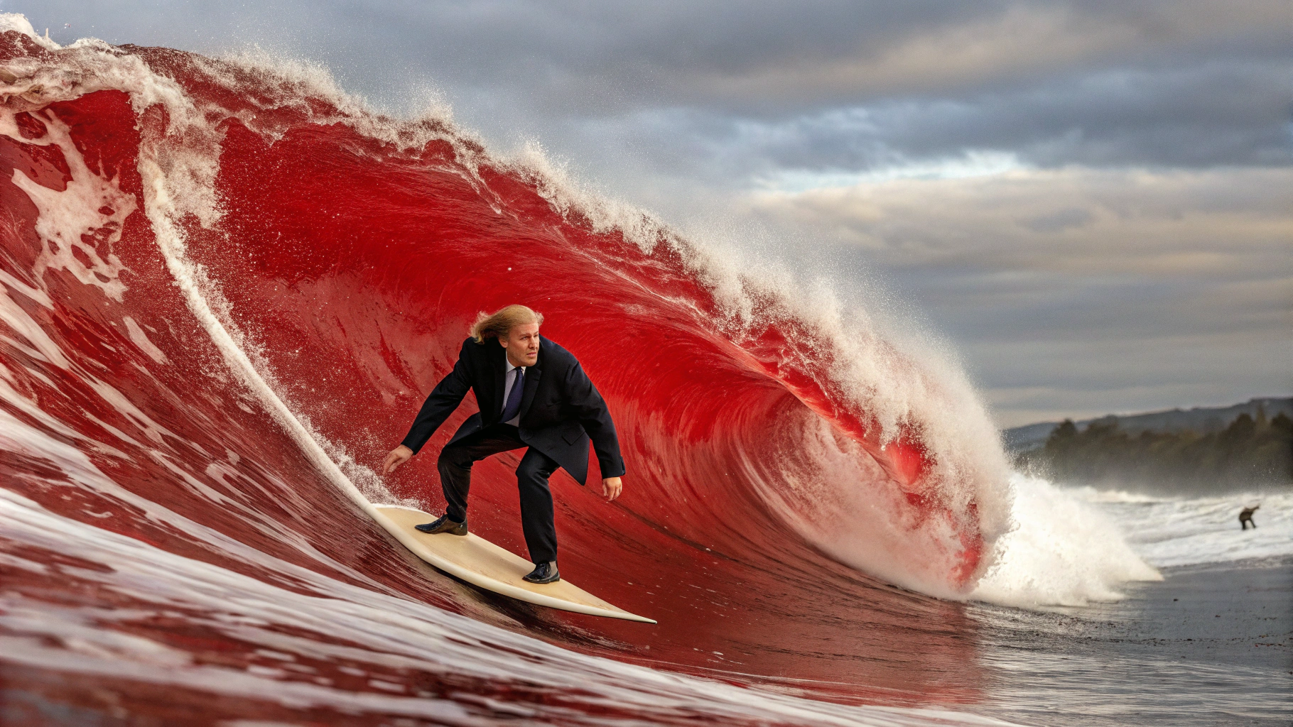 AI generated image by Red Panda AI: Giant red wave crashes down on Kamala Harris.  Donald Trump is surfing on the giant red wave.
