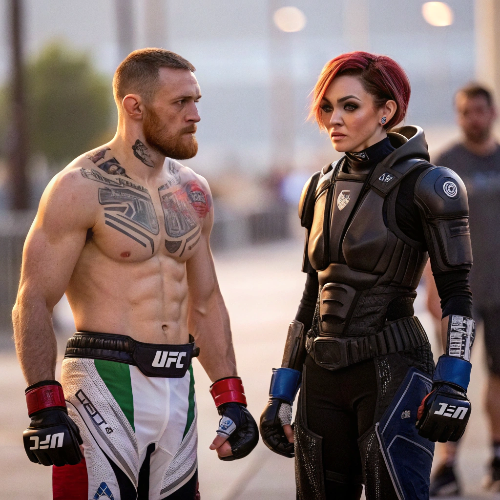 AI generated image by Red Panda AI: conor mcgregor standing next to jack from mass effect 2